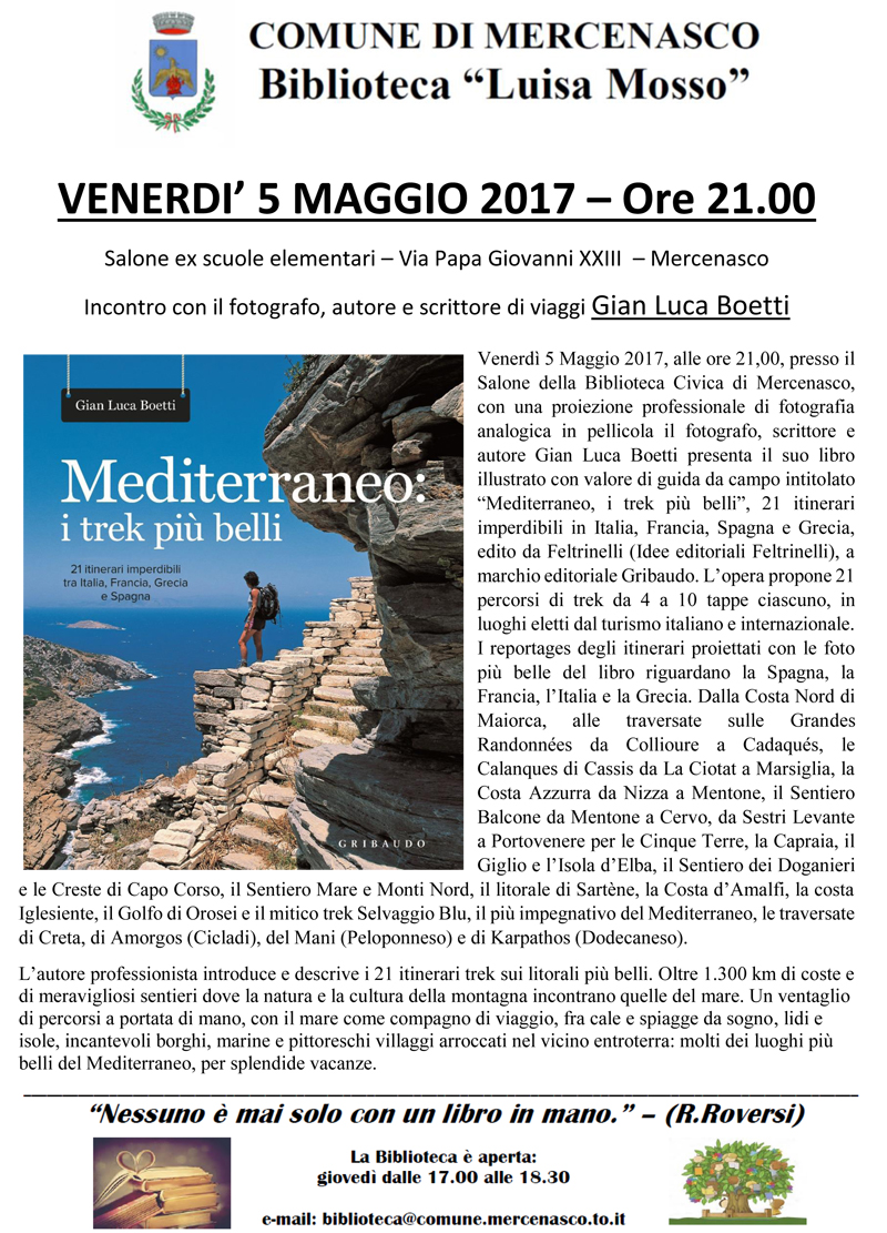 Presentazione_Proiezione del libro Mediterraneo, i trek più belli_ Feltrinelli, Gian Luca Boetti, Biblioteca di Mercenasco, 5 MAGGIO 2017.jpg